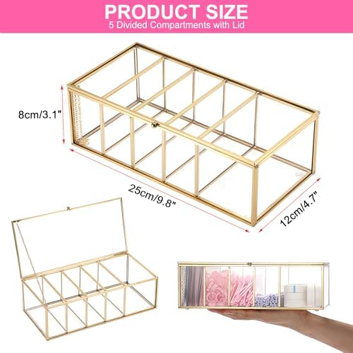 ELLDOO Lash Extension Organizer Box with Lid, Gold Glass Eyelash Supplies Organizer Storage Box, 5 Compartments Bathroom Supplies Storage Container for Cotton Swabs, Balls, Pads, Floss Picks - Image 2