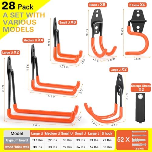 28 Pack Heavy Duty Garage Hooks, Utility Wall Mounted Storage System, with Anti-Slip Coating Hanger, for Hanging Power and Garden Tools, Ladders, Bikes, Ropes and Bulk Items - Image 3