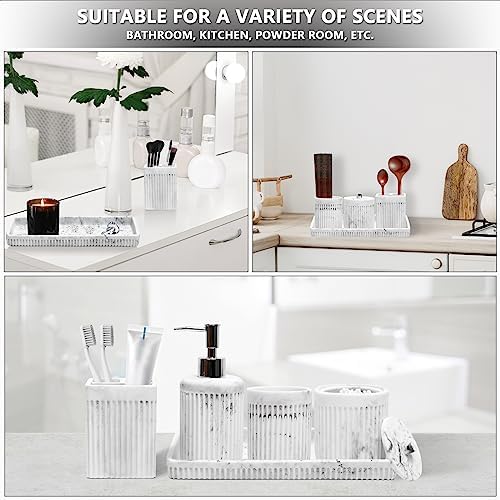 XLHOMO Resin White Marble Bathroom Accessories Set 5 Pcs, Lotion Soap Dispenser, Toothbrush Holder, Bathroom Tumbler, Qtip Holder and Vanity Tray, Bathroom Countertop Organizer Set for Home Apartment - Image 6