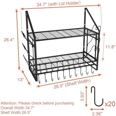 VyGrow 28 Inch Pot Rack Wall Mounted, 2 Tier Pots and Pans Organizer with 20 Hooks and 6 Pot Lid Holders, Heavy Duty Steel Pot and Pan Hanger for Kitchen Cookware Utensils Storage 34.7" Lx13 Wx26.4 H - Image 2