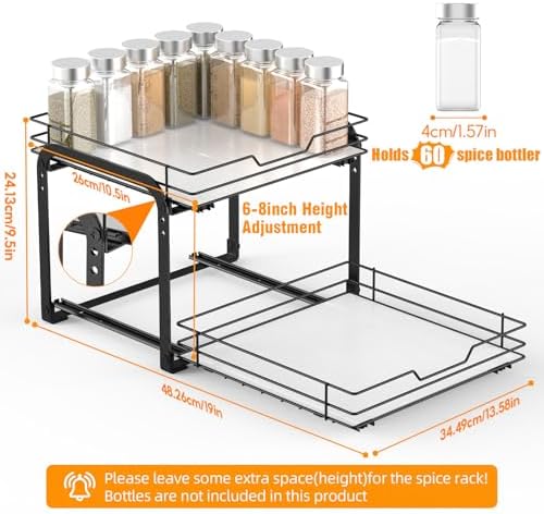Pull Out Spice Rack Organizer for Cabinet, Height Adjustable Spice Organization for Cabinet, Metal Slide Out Spice Racks Heavy Duty Vertical Spice Rack for Cabinet, 13.58''Wx10.5''Dx9.5''H, 2 Tier - Image 2