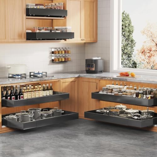 Seinloes 2 Pack Pull Out Cabinet Organizer for Wide Cabinets,Expandable 20.4"-30.4" Width,5 Slide Rails Slide Out Drawers With Raising Pad for Framed Cabinets,No Drill Roll Out Shelves 21" Deep,Black - Image 5