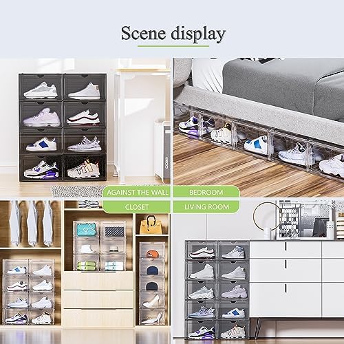 8 Pack XL Shoe Storage Box Organizer,Drop Side Large Shoe Boxes Clear Plastic Stackable Container,Magnetic Sneaker Display Case, Fit up to US 13（13.4”x 10.6”x 8.3”(8 Pack Black) - Image 3