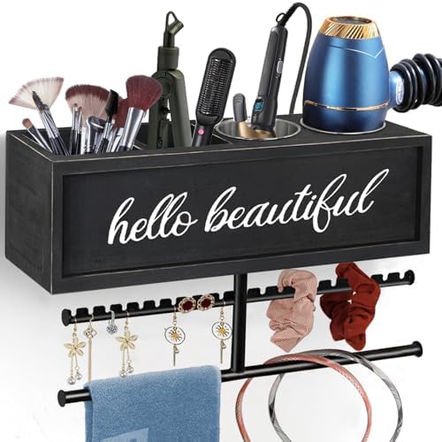 Rustic Hair Dryer Holder Wall Mounted,Hair Styling Tools & Accessories Organizer,Bathroom Supplies & hot Tools vanities Organizer Caddy,for Storage Flat Iron,Blow Dryer,Curling Iron,Towel by Ronjnndc
