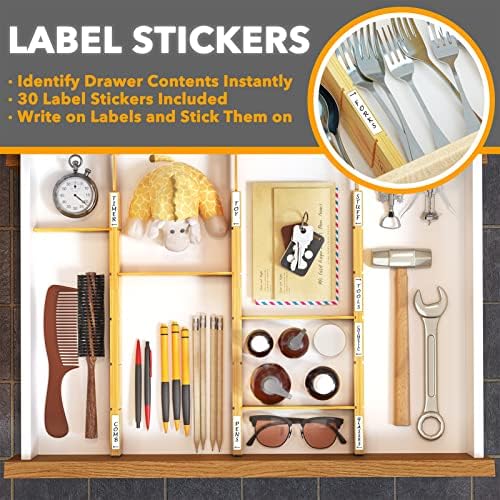 SpaceAid Bamboo Drawer Dividers with Inserts and Labels, Kitchen Adjustable Drawer Organizers, Expandable Organization for Home, Office, Dressers and Bathroom, 8 Dividers with 18 Inserts (17-22 in) - Image 4