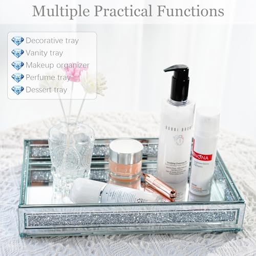 Crush Diamond Mirror Perfume Tray, Silver Glass Mirror Trays for Vanity - Image 6