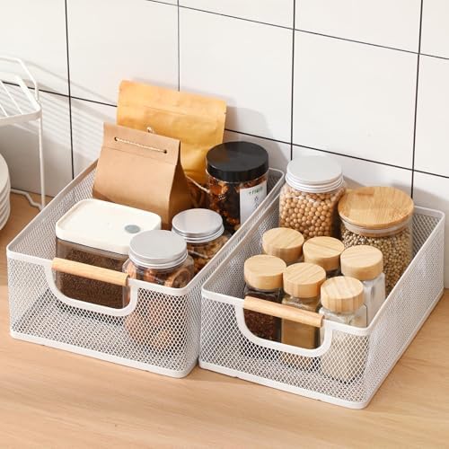Rtteri 4 Pack White Metal Wire Basket with Wood Handle 2 Size Large Metal Mesh Basket Stackable Wire Storage Bin for Pantry Food Snacks Storage Kitchen Organizing - Image 5
