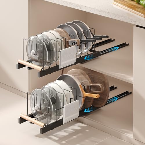 Magheo 2 Pack Pull Out Pots and Pans Organizer Under Cabinet, 22" Deep Expandable Pot Lid Organizer and Storage with 10 Adjustable Dividers Adhesive Pot and Pan Holder Rack with Handle Bracket(Black) by MAGHEO