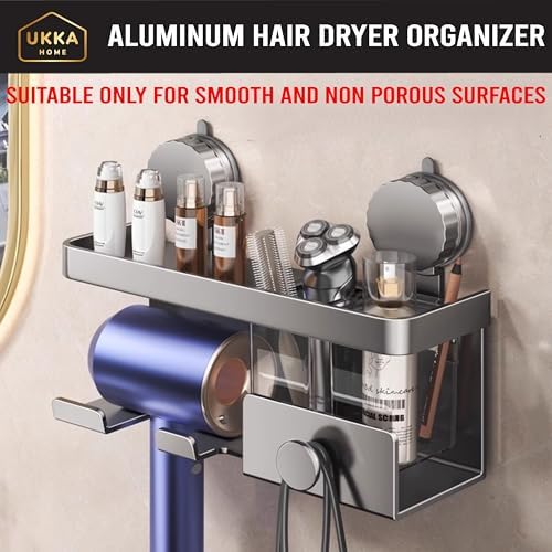 Suction Cup Aluminum Hair Dryer Holder. Storage Organizer Rack with Shelf for Accessories & Tools for Bathroom. Reusable, Rustproof, No Drill, No Tools. Multifunctional (2 Cups, Gray) - Image 2