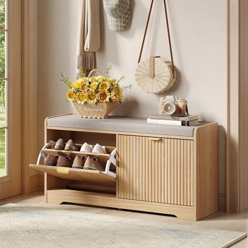 Maupvit 39.4" Fluted Shoe Bench with Storage, Narrow Entryway Bench,Natural by MaupvitFurniture