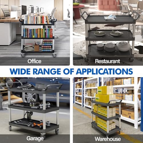 Utility Rolling Carts with Wheels, Large Plastic Service Carts, Heavy Duty Restaurant Cart with 4 Brake Lockable Wheels for Kitchen/Office/Warehouse (3 Tier-40.1×19.7×38.1inches/540lbs) - Image 5