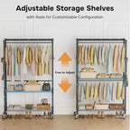 Simple Deluxe Rolling Clothes Rack, Heavy Duty Clothing Rack, 3-Shelf Portable Adjustable Wardrobe Closet with Wheels, Hanging Rods & Side Hooks, 43.3" W x 17.7" D x 80.3" H, Black - Image 5