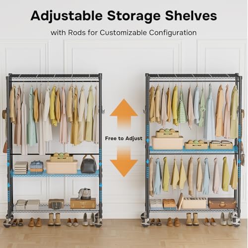 Simple Deluxe Rolling Clothes Rack, Heavy Duty Clothing Rack, 3-Shelf Portable Adjustable Wardrobe Closet with Wheels, Hanging Rods & Side Hooks, 43.3" W x 17.7" D x 80.3" H, Black - Image 5