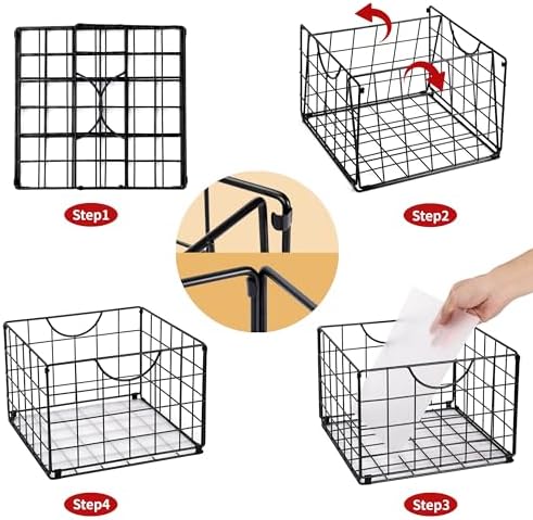 DINGTAI Metal Wire Basket Foldable Set of 4, Metal Bins for Organizing with PVC Sheet, 10.5x10.5in Wire Pantry Baskets Freezer Organizer Bins for Kitchen Closet Bathroom-Black - Image 3
