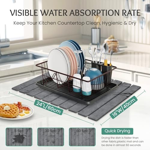 Stone Dish Drying Mat Collapsible Diatomaceous Earth Absorbent Mat Quick Dish Drying Pad Dish Rack Pad Match Any Counterto Multiple Usage for Kitchen,Bathroom (Dark-Gray Marble Pattern, 24"L x 16"W) - Image 2