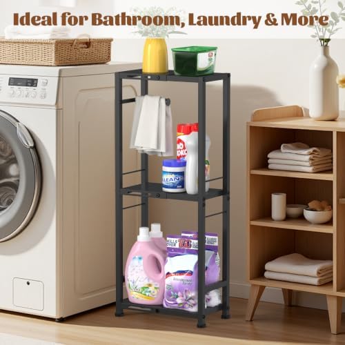 3-Tier Toilet Paper Holder Stand with Storage Shelf, Expandable Width 8.7"-13", Metal Freestanding Slim Floor Standing Toilet Tissue Rack Scroll Stand Roll Dispenser for Bathroom Narrow Space, Black - Image 7