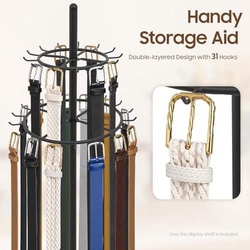66In Floor Standing Belt Display Stand, Double-Layered Design Belt Hanger with 31 Hooks, Tie Scarf Belt Rack with Adjustable Feet for Home, Boutiques, Clothing Stores, Retail Stores (Black) - Image 2