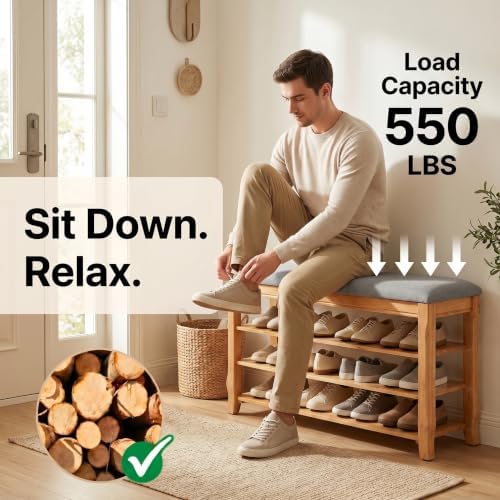Solid Wood Shoe Bench, 39.4'' Shoe Rack for Entryway Storage - Image 4