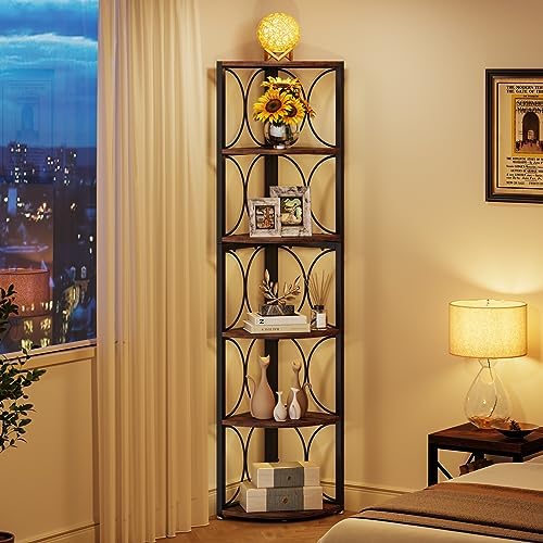 Tribesigns 67 inch Tall Corner Shelf, 6 Tier Rustic Corner Bookshelf Bookcase Storage Rack Standing Shelving Unit for Living Room, Small Space - Image 4