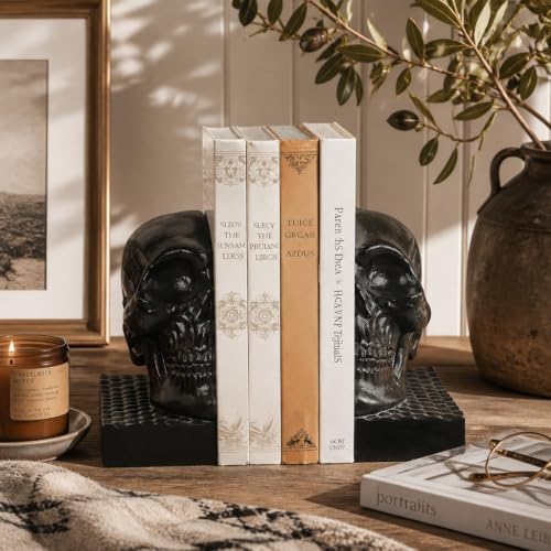 Skull Book Ends, Decorative Bookends for Shelves, Antique Gothic Style Skull Bookend Design Resin Skeleton Human Head Statue Halloween Décor (Black) - Image 6