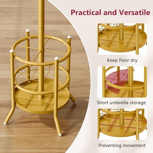 Tajsoon Coat Rack with Umbrella Holder, Coat Tree With 16 Hooks, Gold - Image 5