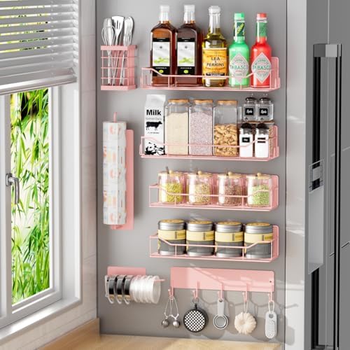 Magnetic Spice Rack for Refrigerator,8 Pack Magnetic Fridge Shelf, Moveable Spice Organizer with Hook Rack, Paper Towel Holder, Utensil Holder,cup lid holder, Super Magnetic Rack Set (Pink) by IYEBAU