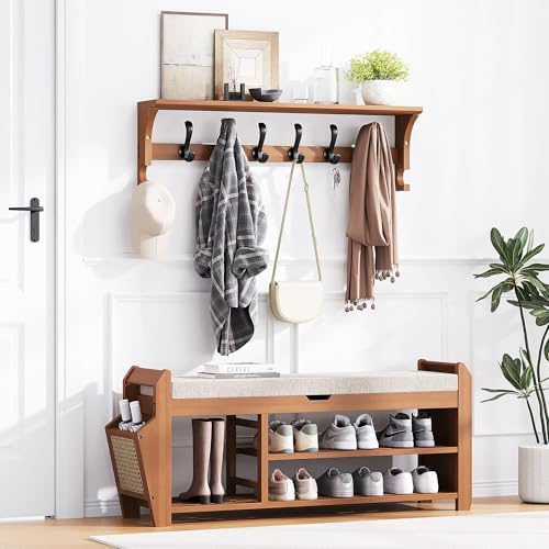PETKABOO 39.4" Bamboo Shoe Rack Bench with Coat Rack, 3-Tier Entryway Bench with Thick Cushion, Flip-Top & Side Baskets, Holds Up to 550 LBS for Hallway, Living Room, Bedroom by PETKABOO
