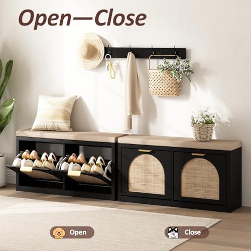 Rattan Narrow Entryway Bench with Shoe Storage, 2 Flip Drawers & Coat Rack, Mid-Century Modern Wood Shoe Cabinet with Seat Cushion for Foyer/Hallway (Black) - Image 6