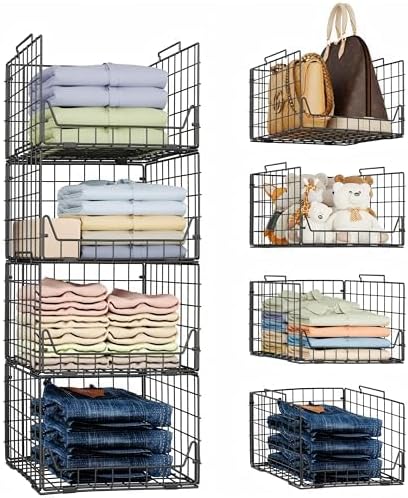 Jakyitvi Stackable Closet Organizers and Storage Bins 4 Pack, Sturdy Metal Clothes Storage Container for Clothes Pants Sweaters, Black Folded Drawer Shelf Organizer for Closet Wardrobe by Jakyitvi