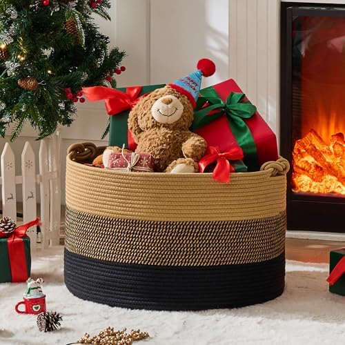 KAKAMAY Large Blanket Basket (20"x13"),Woven Rope Baskets for storage Baby Laundry Hamper, Cotton Rope Blanket Basket for Living Room, Laundry, Nursery, Pillows,Baby Toy chest (Jute/Black) - Image 6