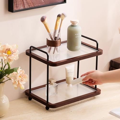 2-Tier Bathroom Counter Organizer with Transparent Stripe Acrylic Shelves, Brown Wood Frame and Black Metal Support, Rustproof Vanity Storage Rack for Skincare Cosmetics and Toiletries - Image 5