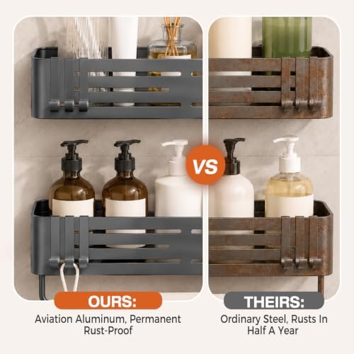 Lekesky Suction Cup Shower Caddy, No Drill Shower Shelf, Aluminum Rust Proof Bathroom Shower Organizer with 12 Hooks (2-Pack, Gunmetal Gray) - Image 4