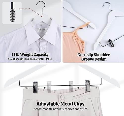 White Wooden Skirt Hangers with Clips 16Pack, Wooden Coat & Pants Hangers with Adjustable Metal Clips for Slacks, Jeans, Shorts, Jacket, Blouse, Clothes & Suit - Image 4
