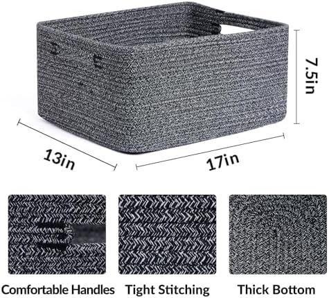 MiniArk Large Storage Baskets for Shelves, 17 x 13 x 7.5” Closet Organizers Bins for Clothes Blanket Towels, Baby Nursery, Toy Baskets Box, Woven Rope Baskets, 2 Packs Dark Gray - Image 2
