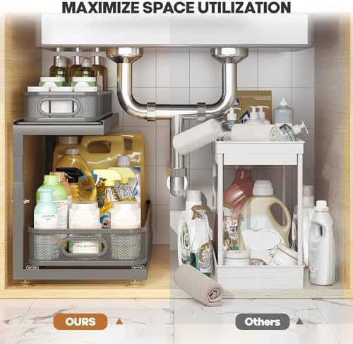 2-Pack 21.3 IN Depth Under Sink Organizer With Next-Gen Ball-Bearing Slides,Sophisticated Mesh 2-Tier Pull Out Shelf for Kitchen & Bathroom,Fits Small Items-Gun Gray - Image 5