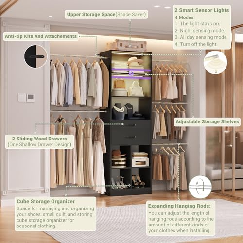 Besiost Closet System, 4-8 FT Closet Organizer System with Smart Sensor Lights, 2 Wooden Drawers and 5 Hanging Rods, Can Fit 60 to 96 inch Walk-in Closet System, Black - Image 4