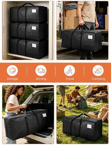 SWEET DOLPHIN 12 Pack 200LB Heavy-Duty Moving Bags with Wrap-Around Handles, Extra Large Storage Totes for Space Saving, Clothes Storage Bags, College Dorm Essentials, Black, 24 Gal - Image 6