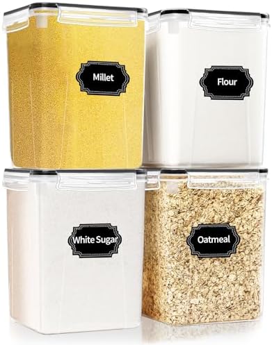 HKJ Chef 4 Pack Large Airtight Food Storage Containers with Lids (5.2L / 176oz), BPA Free Plastic Kitchen and Pantry Organization Contianers for Cereal Flour and Sugar Storage, Labels & Marker by HKJ+Chef