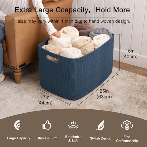 OIAHOMY 118L XXXLarge Rope Storage Basket, Oversized Blanket Basket Blue - Image 3