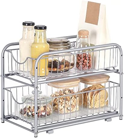 SONGMICS 2-Tier Pull Out Cabinet Organizers, Under Sink Organizer, Bathroom Organizer and Storage, Sliding Basket Drawers, Stackable for Kitchen, Bathroom, Metallic Silver UKCS017E01 by SONGMICSbySONGMICSHOME
