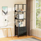 Furnulem 4 Tier Corner Shelf,Black Narrow Bookshelf with 2 Storage Drawers - Image 2