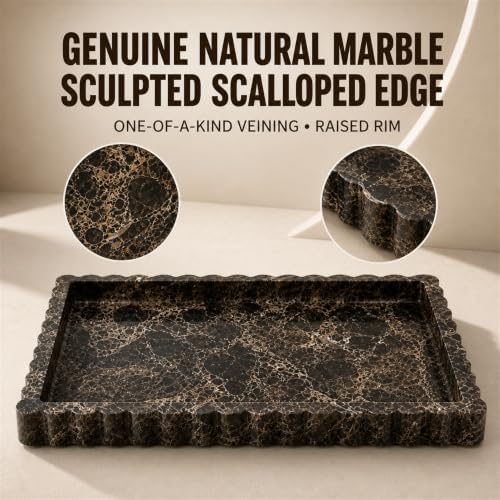 Vikua Dark Brown Marble Vanity Tray, 11.8×8in Scalloped Edge for Bathroom - Image 5