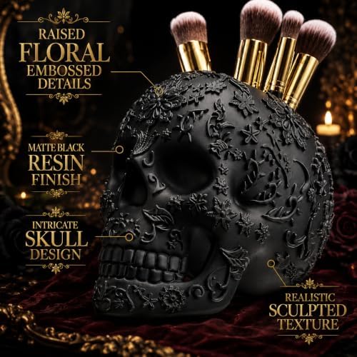Skull Makeup Brush Holder, Pen Holder, Vanity, Desk, Office Organizer, Stationary, Decor Planter, Candy Bowl, Goth Decorations, Extra Large, Skulls Gothic Skull & Bones Organizer Bathroom - Image 5