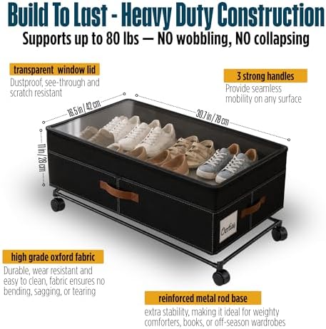 Under Bed Storage Organizer with Wheels, Rolling Under Bed Storage Containers with Clear Lid, Dual Zippers, Handles, Storage for Clothes, Shoes, Blankets, Toys,2-pcs Under Bed Drawers-Black - Image 5