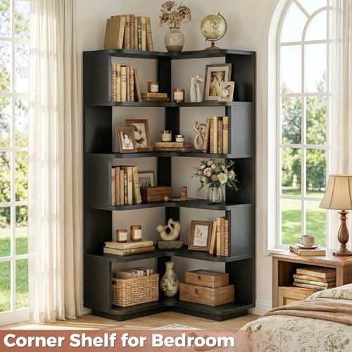 Besiost Corner Book Shelf, 6-Shelf Corner Bookshelf for Small Corner Spaces, L-Shape Bookcase Corner Display Shelf for Home Office, Living Room, Bedroom, Black - Image 5