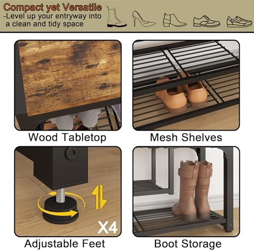 HOMEFORT Shoe Bench,3 Tiers Shoe Rack Bench,31.5" Shoe Storage Bench for Entryway, Retro Industrial Entry Bench with Mesh Shelves and Boot Storage,for Front Door Entrance, Rustic Brown - Image 6