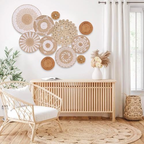 Boho Wall Basket Decor Set of 11 - Hanging Woven Bulrush Basket Wall Decor, Handcrafted Round Flat Baskets Wall Art, for Rustic Farmhouse、Home - Unique Rattan Wicker Wall Decor（White Retro） - Image 4