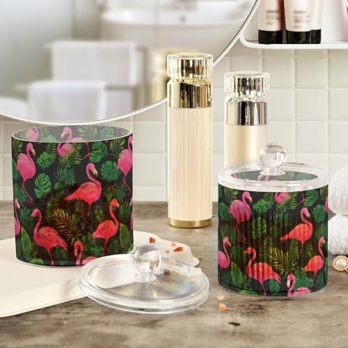 Hot Pink Flamingos and Green Tropical Leaves Qtip Holder Waterproof Dustproof Apothecary Jars with Lids For Bathroom Cotton Swabs Makeup Sponges Floss Picks Bath Salts 2 Pack - Image 4