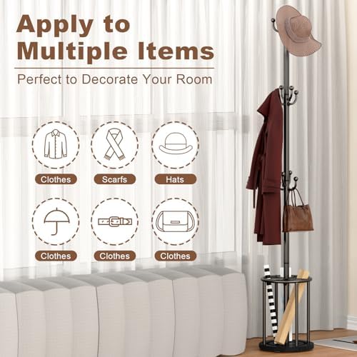 Coat Rack Freestanding, Coat Rack Stand with Umbrella Holder, Coat Tree, Coat Hanger Stand with 12 Hooks for Clothes Bag Hats, Hat Rack Hall Tree Coat Hanger Umbrella Stand for Entryway - Image 3