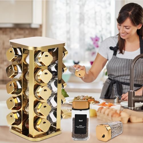Kitchen stainless steel spice rack with 20 food grade glass cans-275 spice label-rotating vertical bracket and countertop seasoning rack cabinet tower storage rack (golden, 20) - Image 4
